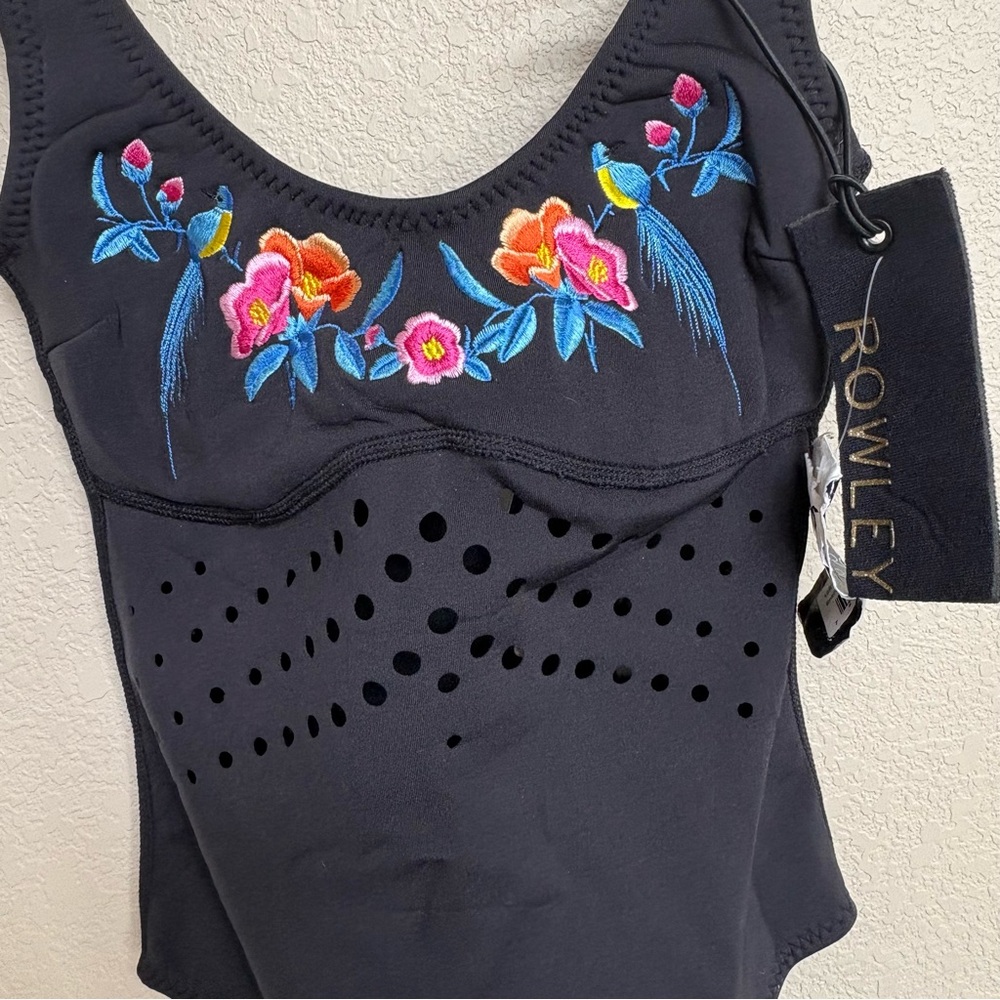 NWT Rowley Black Floral Embroidered Neoprene One Piece Swimsuit XS Pool‎ Beach - Picture 5 of 10